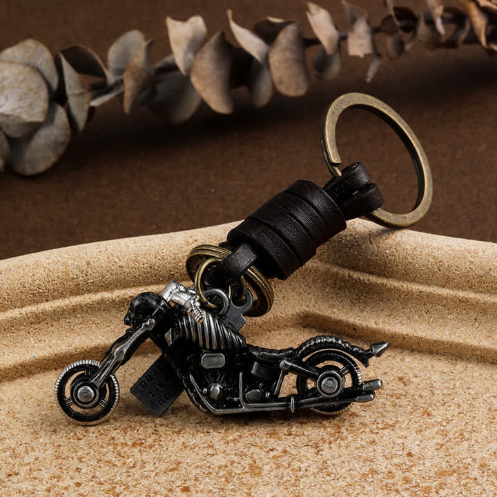 Skull Motorcycle Skeleton Pendant Leather Keychain