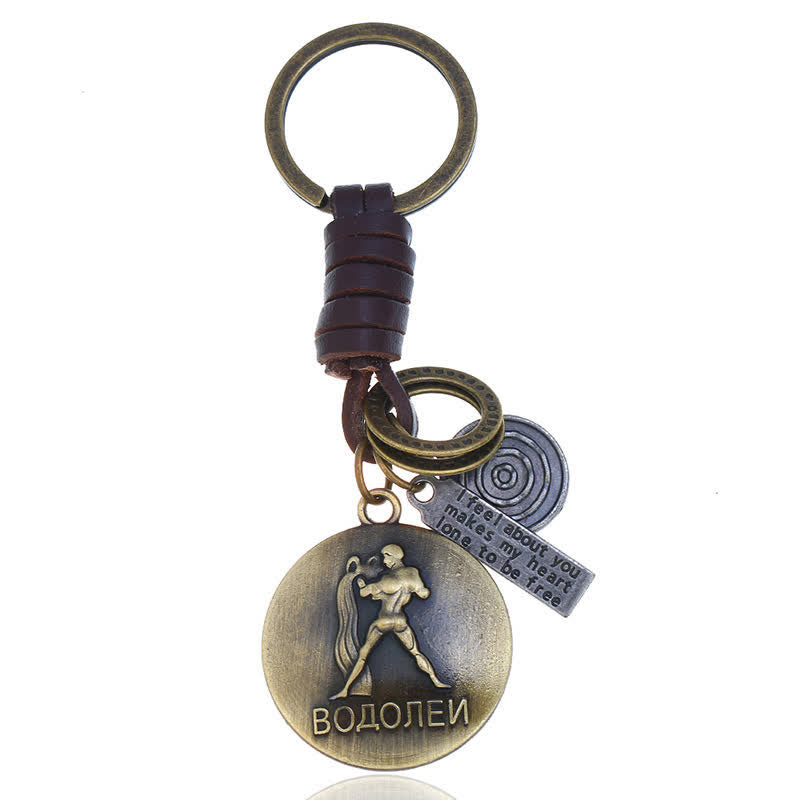 Vintage Woven 12 Constellation Pendant Leather Keychain