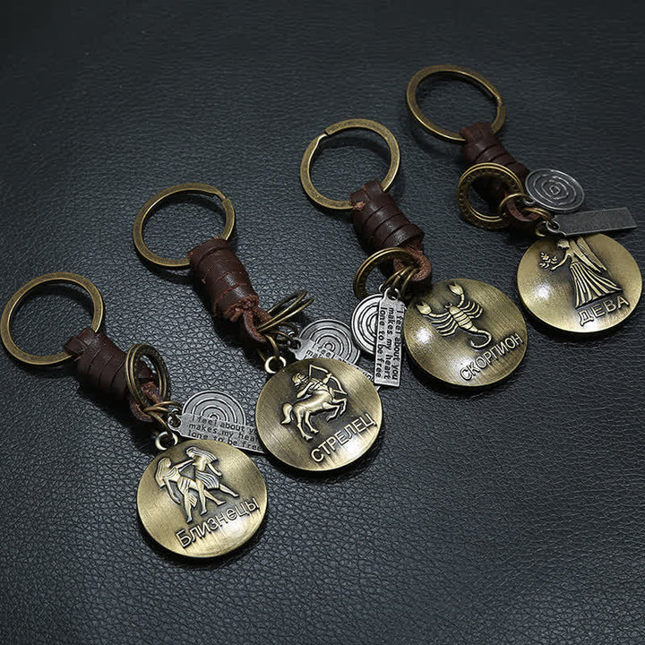 Vintage Woven 12 Constellation Pendant Leather Keychain - image 1