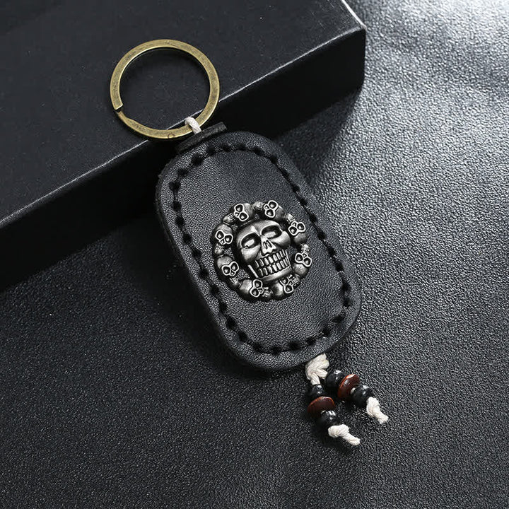 Oval Skull Gothic Style Pendant Leather Keychain - Black - image 5
