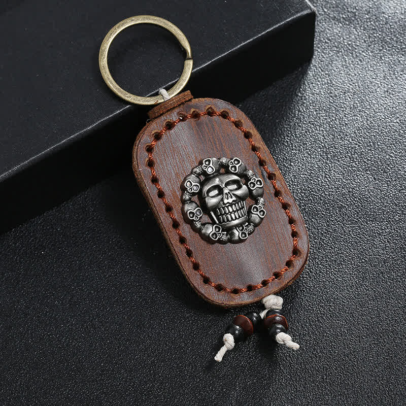 Oval Skull Gothic Style Pendant Leather Keychain - Brown - image 0