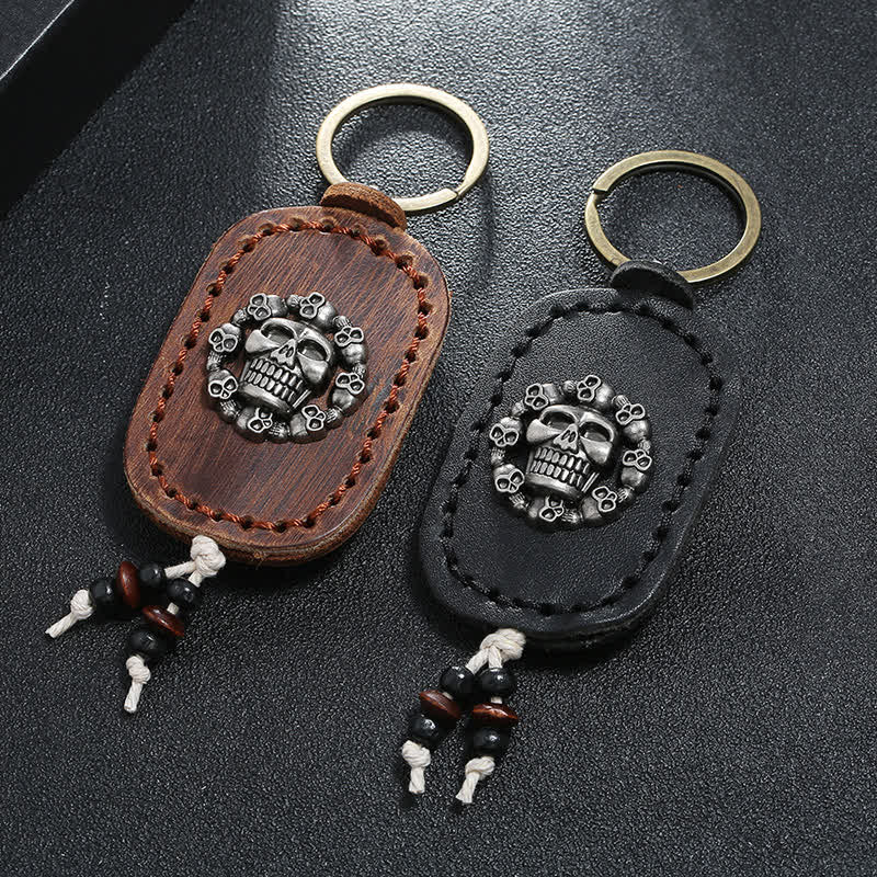 Oval Skull Gothic Style Pendant Leather Keychain