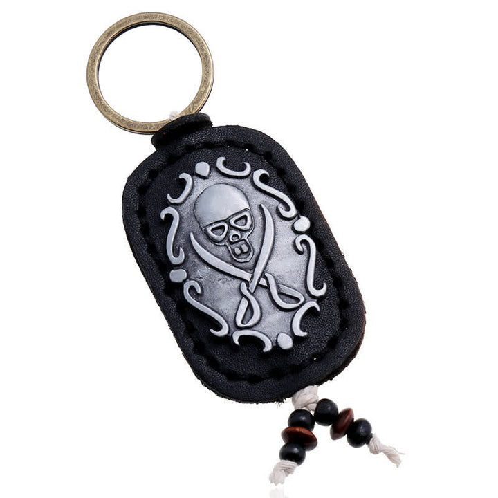 Double Swords Skull Pendant Leather Keychain