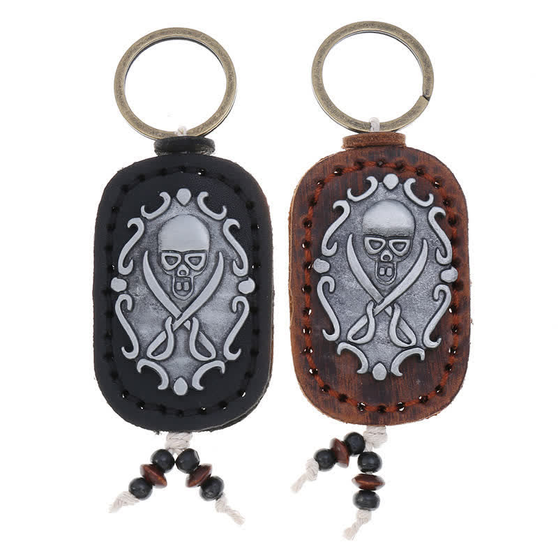 Double Swords Skull Pendant Leather Keychain