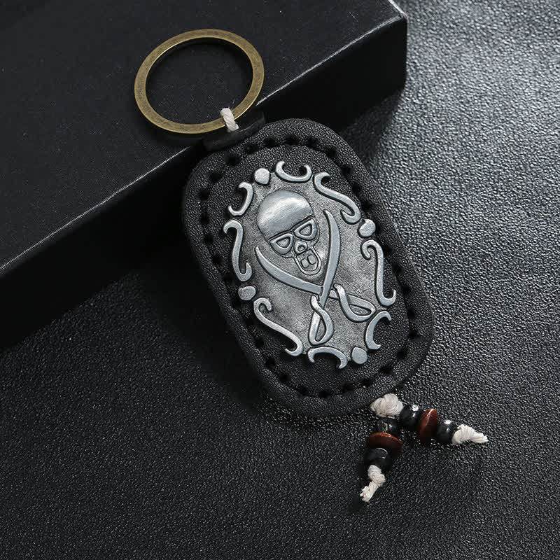 Double Swords Skull Pendant Leather Keychain - Black - image 0
