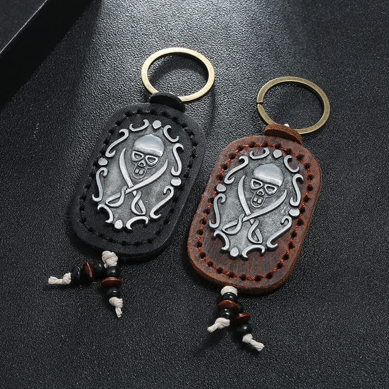 Double Swords Skull Pendant Leather Keychain - image 1
