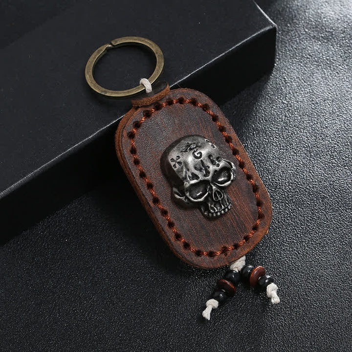 3D Punk Skull Decor Pendant Leather Keychain