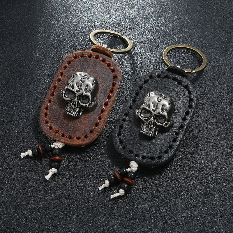 3D Punk Skull Decor Pendant Leather Keychain - image 1
