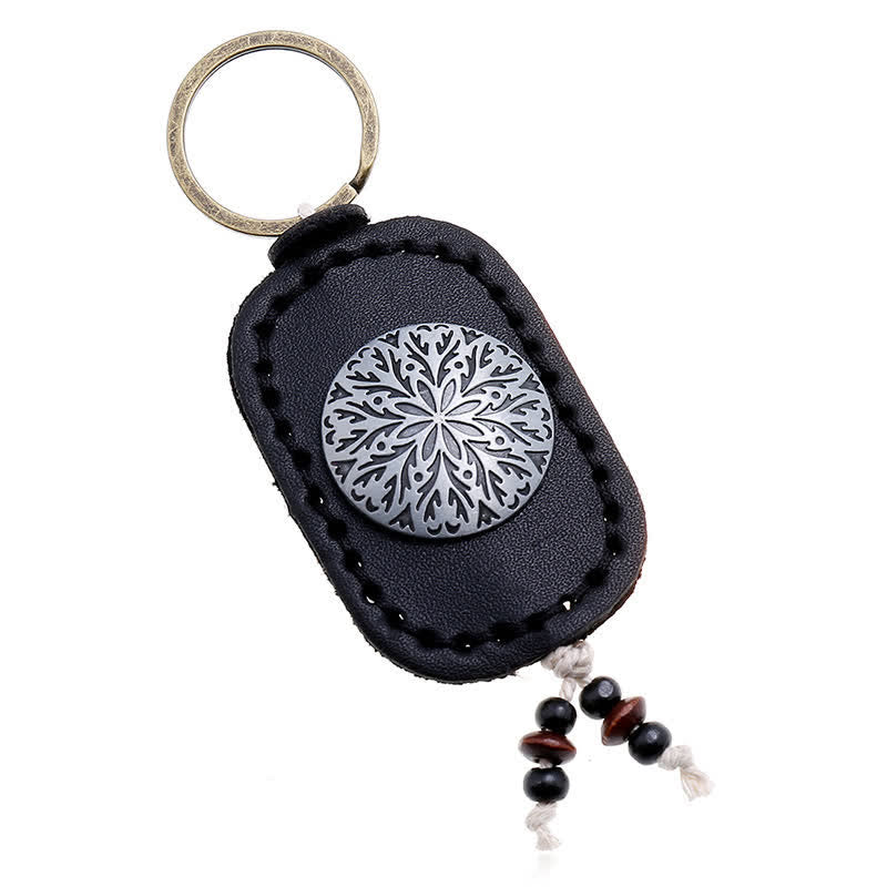 Round Flower Pendant Double Layer Leather Keychain