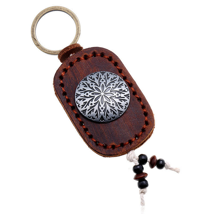 Round Flower Pendant Double Layer Leather Keychain - image 2