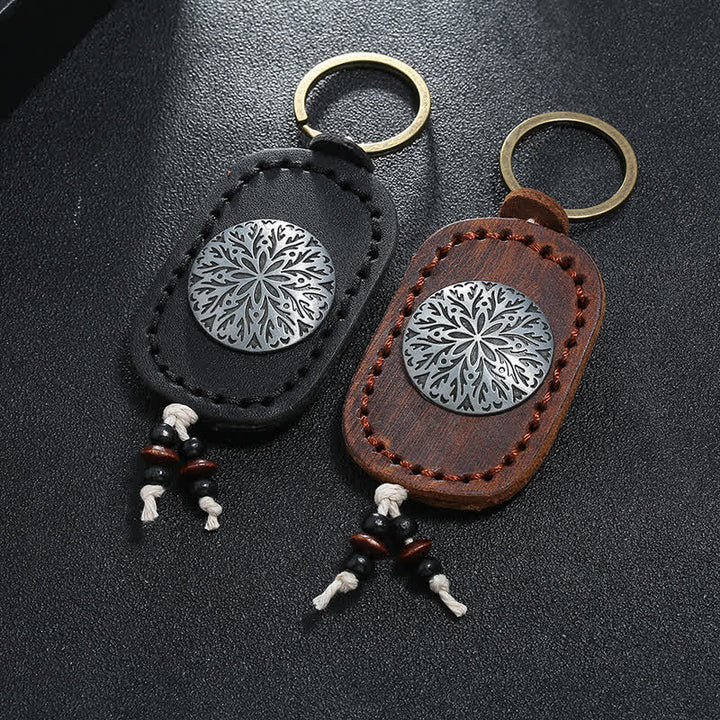 Round Flower Pendant Double Layer Leather Keychain - image 1
