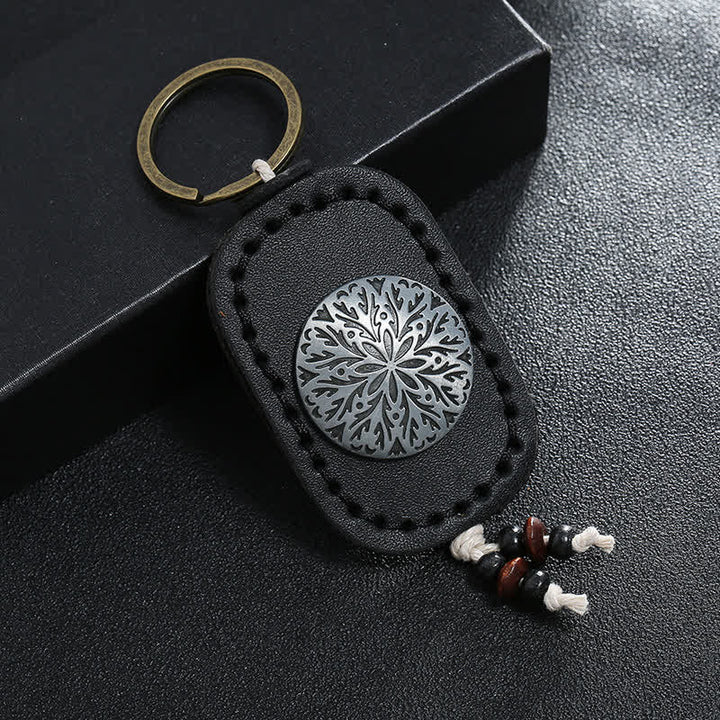 Round Flower Pendant Double Layer Leather Keychain - Black - image 5