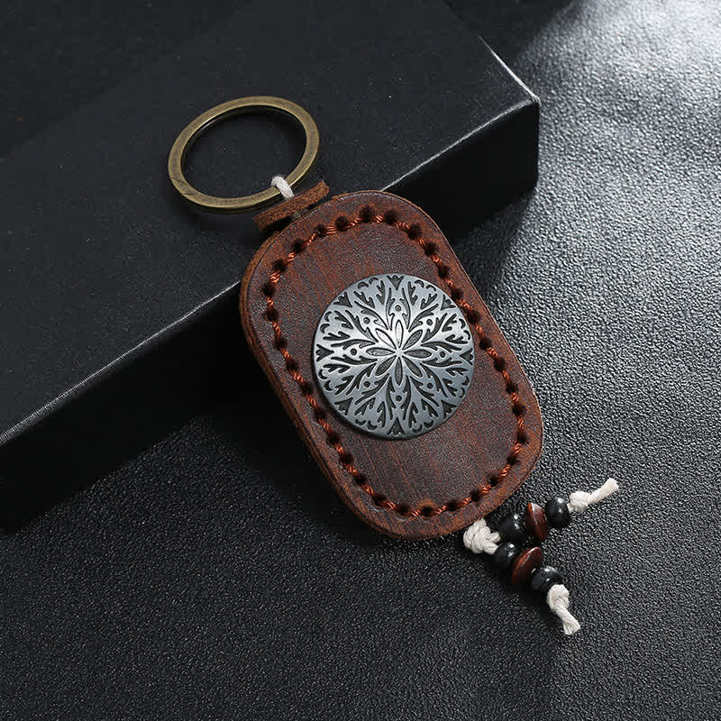 Round Flower Pendant Double Layer Leather Keychain - Brown - image 0
