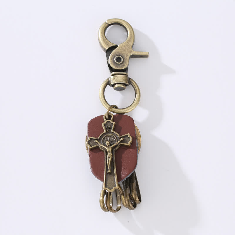 Retro Hanging Cross Faith Design Leather Keychain