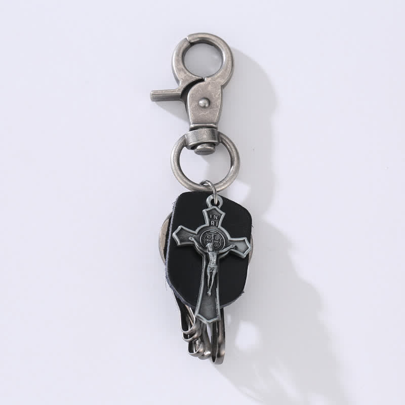 Retro Hanging Cross Faith Design Leather Keychain - Black - image 3