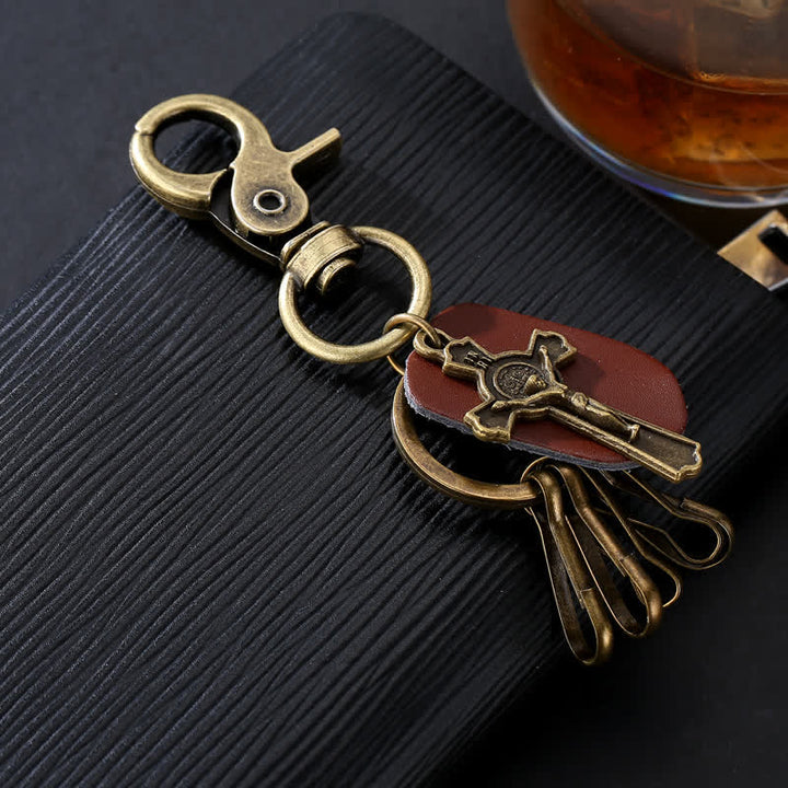 Retro Hanging Cross Faith Design Leather Keychain