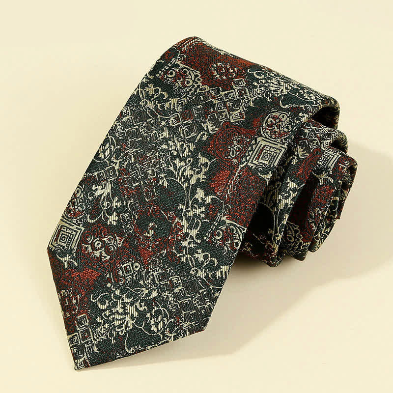 Men's Burgundy & Beige Floral Embroidery Necktie