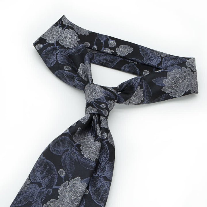 Men's Navy Brown Elegant Floral Leaves Necktie