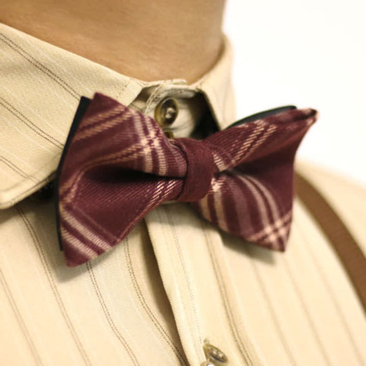 Men's Burgundy British Style Plaid Cotton Bow Tie