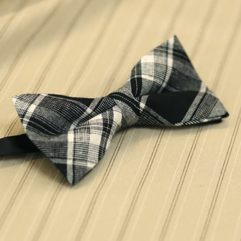 Men's Black & White British Style Plaid Cotton Bow Tie