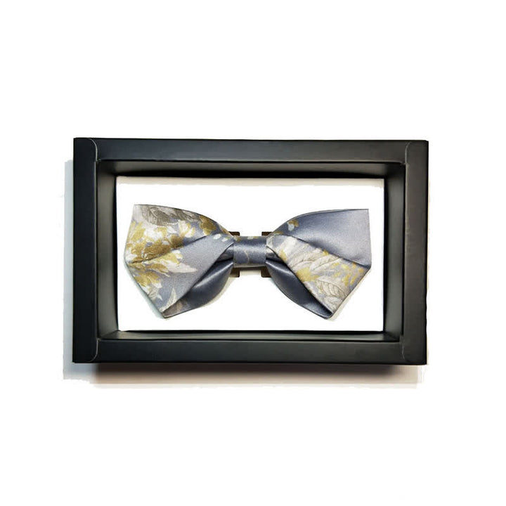 Men's Elegant Gray Yellow & White Floral Bow Tie