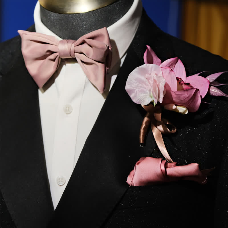 3Pcs Men's Smoky Pink Brooch Handkerchief Fishtail Bow Tie Set