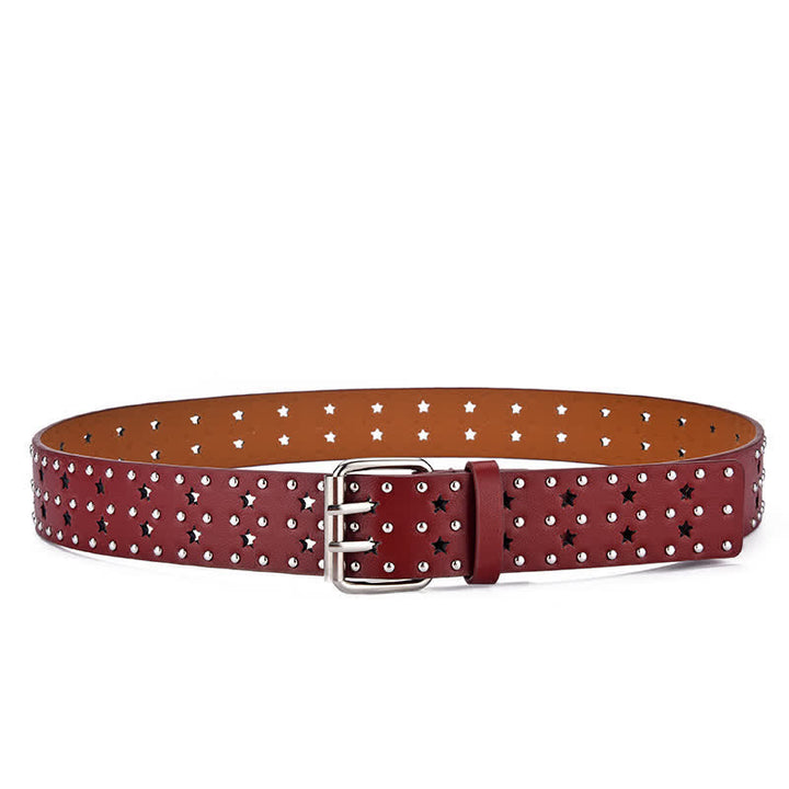 Star Double Prong Hollow Out Rivets Leather Belt