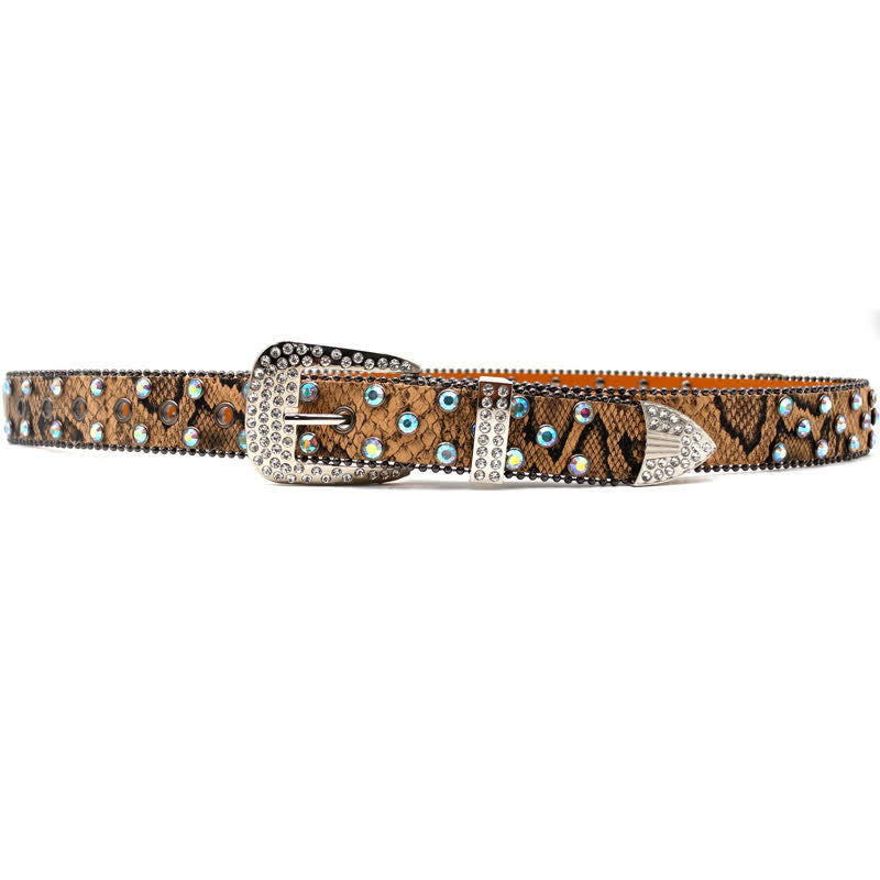 Brown Snake Pattern Sparkling Cross Rivets Leather Belt