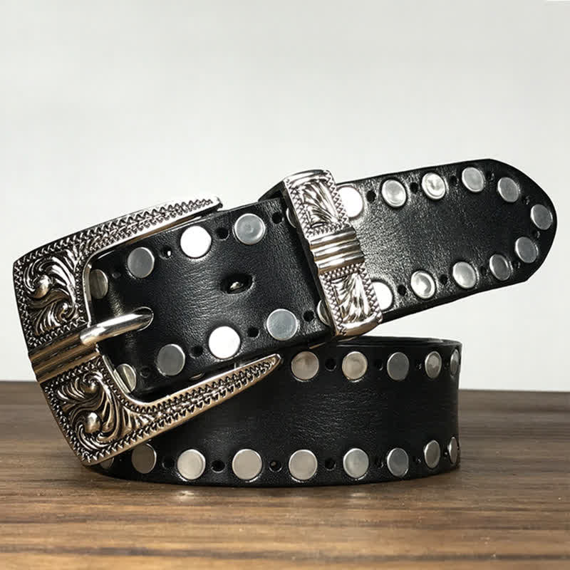 Western Two Rows Round Rivets Studded Leather Belt