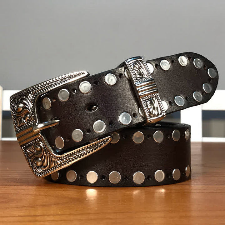 Western Two Rows Round Rivets Studded Leather Belt