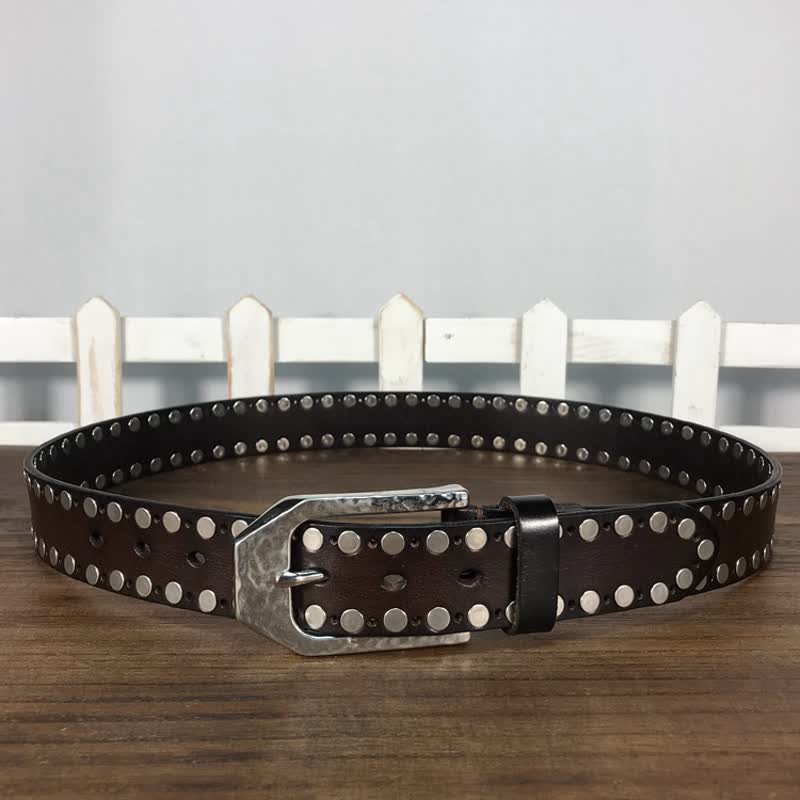 Hammer Buckle Two Rows Rivets Studs Leather Belt