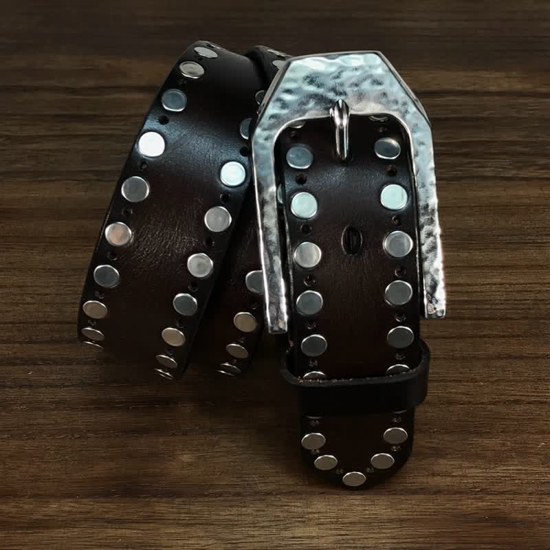 Hammer Buckle Two Rows Rivets Studs Leather Belt