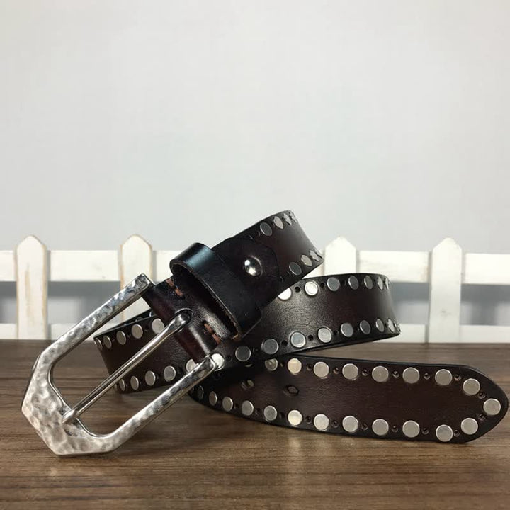 Hammer Buckle Two Rows Rivets Studs Leather Belt