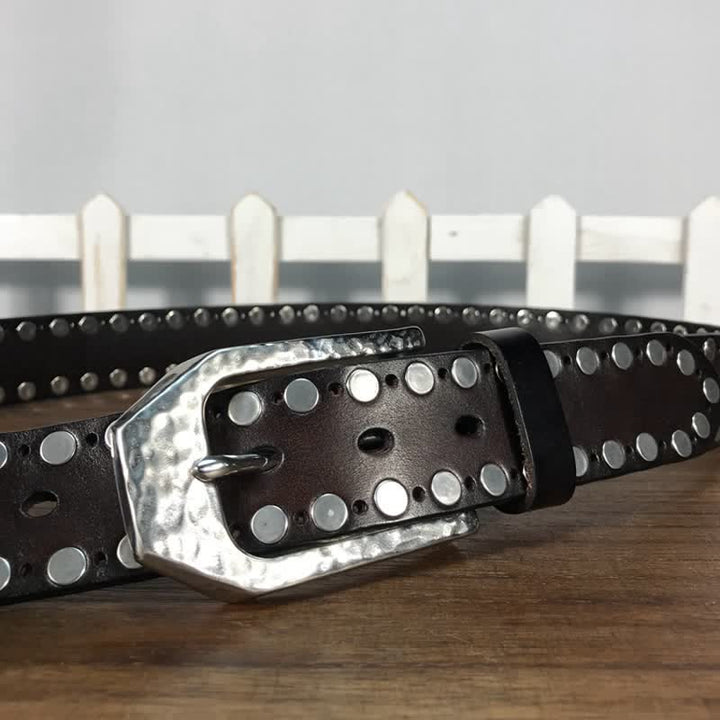 Hammer Buckle Two Rows Rivets Studs Leather Belt