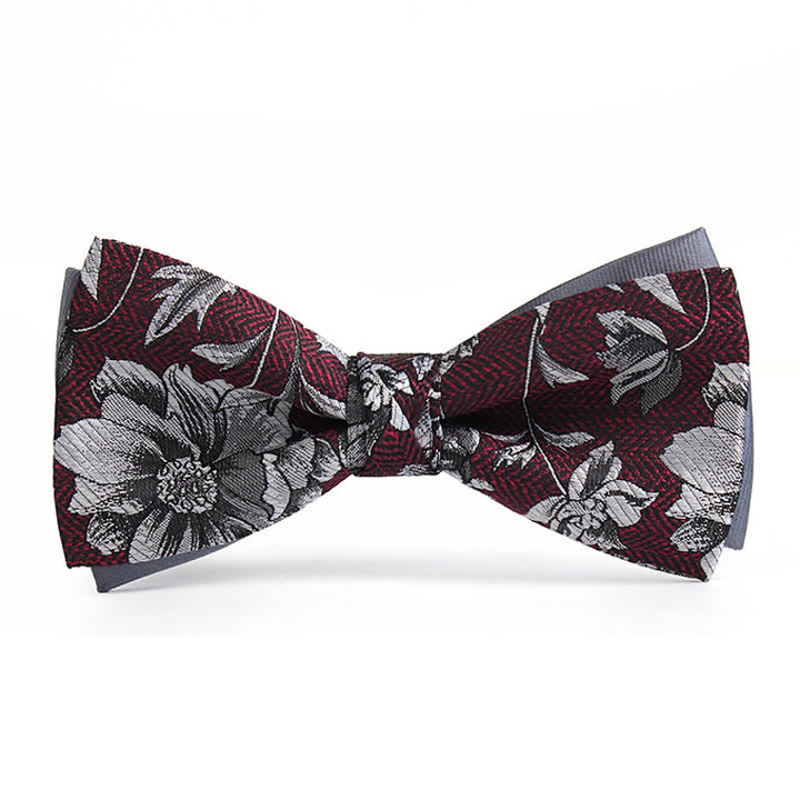 Men's Brugundy & Gray Peony Double Layers Bow Tie