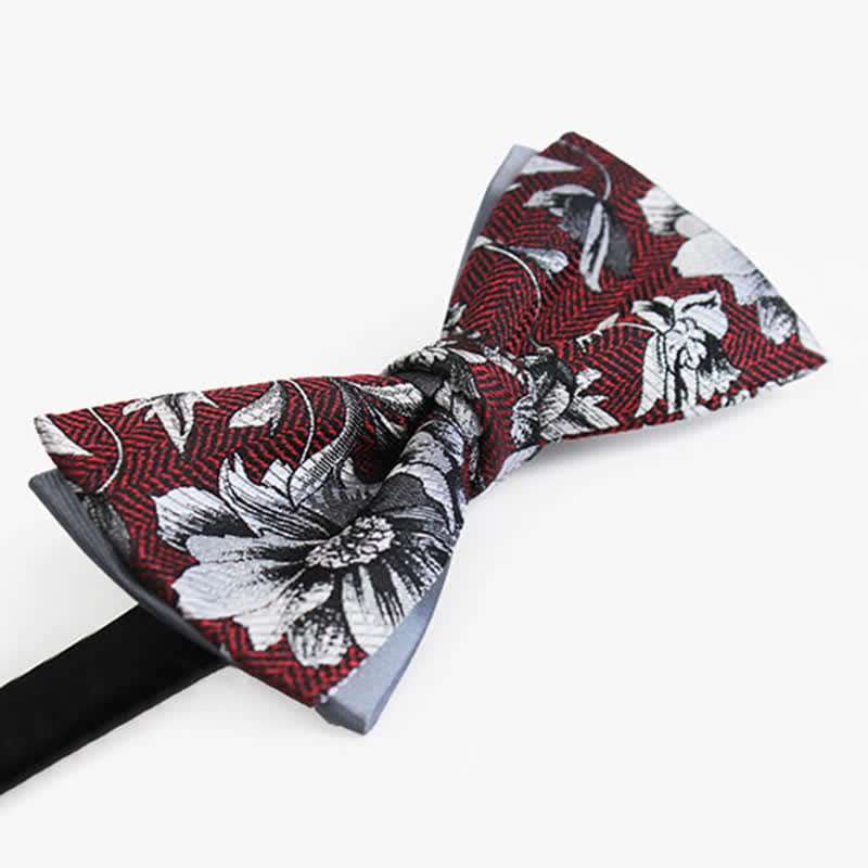 Men's Brugundy & Gray Peony Double Layers Bow Tie