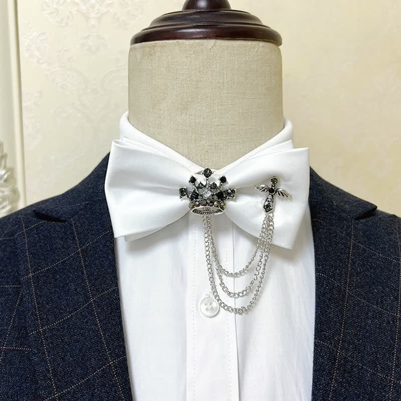 Men's Silver Metal Crown & Cross Chain Bow Tie