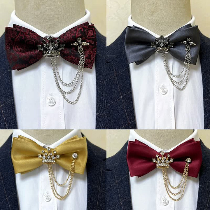 Men's Silver Metal Crown & Cross Chain Bow Tie