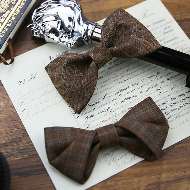 Men's British Style Vintage Dark Brown Plaid Bow Tie