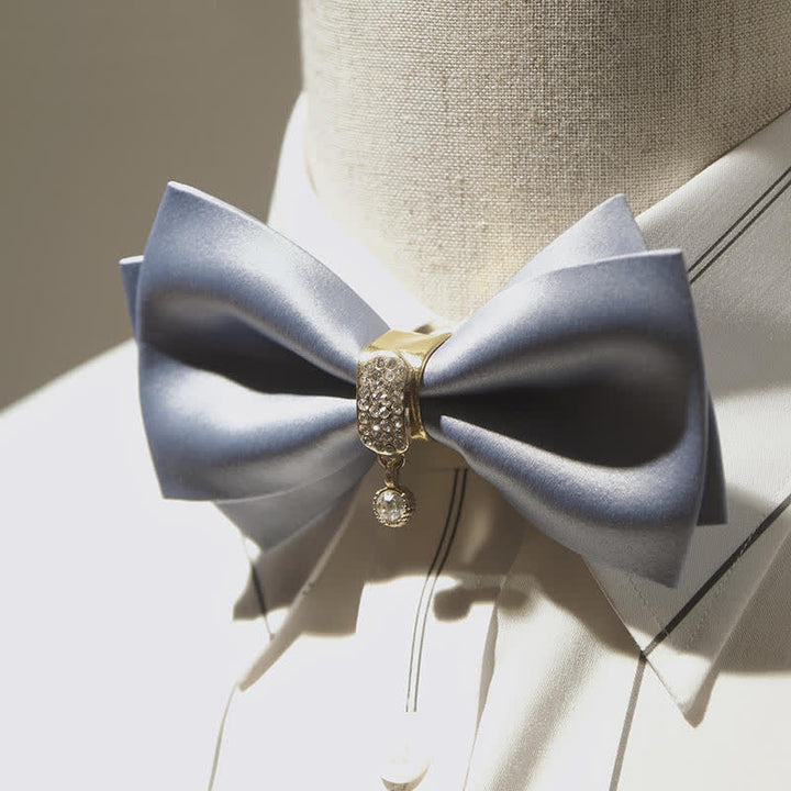 Men's Haze Blue Rhinestone Gold Decor Bow Tie