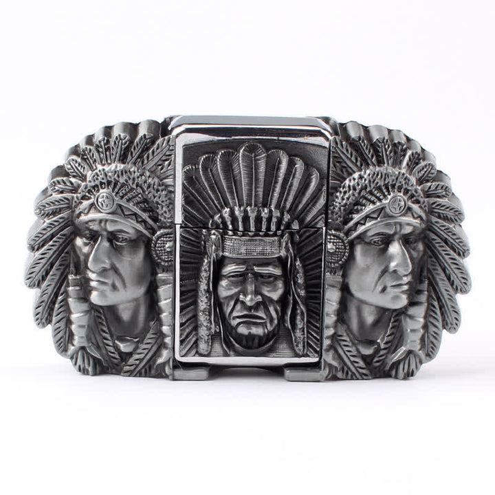 Men's DIY Indian Chief Head Leather Belt with Hidden Lighter