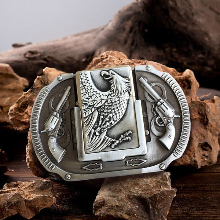 Men's DIY Silver Eagle Guns Leather Belt with Hidden Lighter