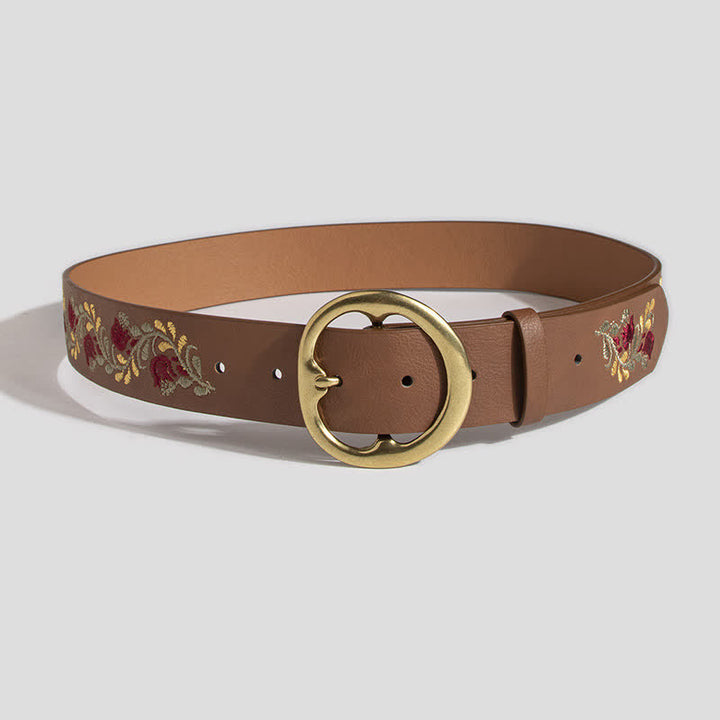 Women's Camel Rose Flower Embroidery Leather Belt