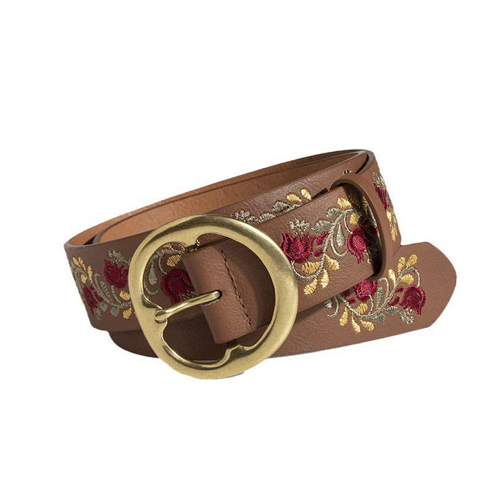 Women's Camel Rose Flower Embroidery Leather Belt