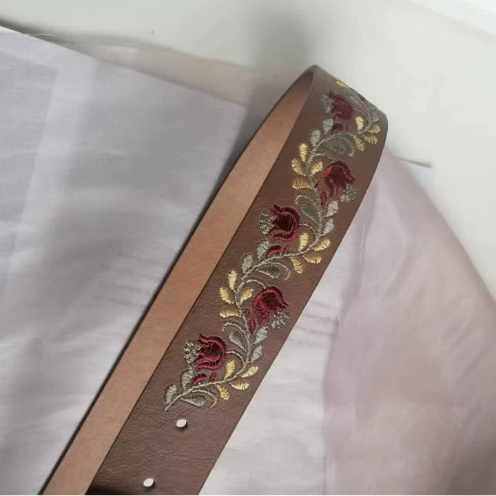 Women's Camel Rose Flower Embroidery Leather Belt