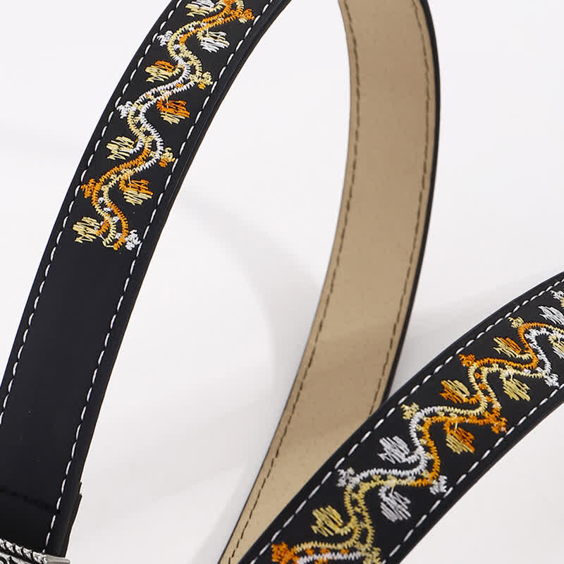 Women's Black Orange & White Embroidery Leather Belt