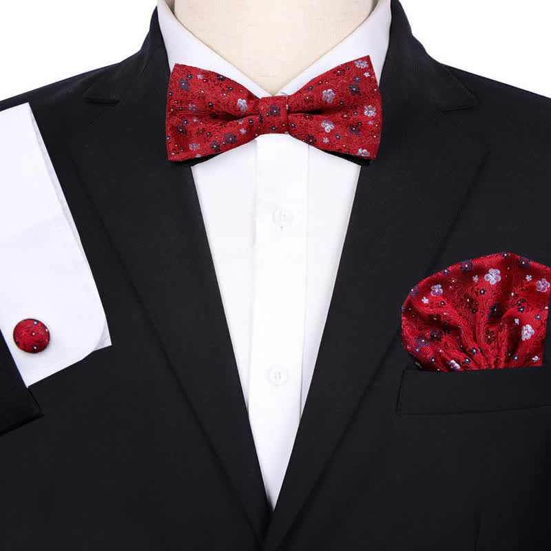 3Pcs Men's Bridegroom Floral Pocket Square Bow Tie Set