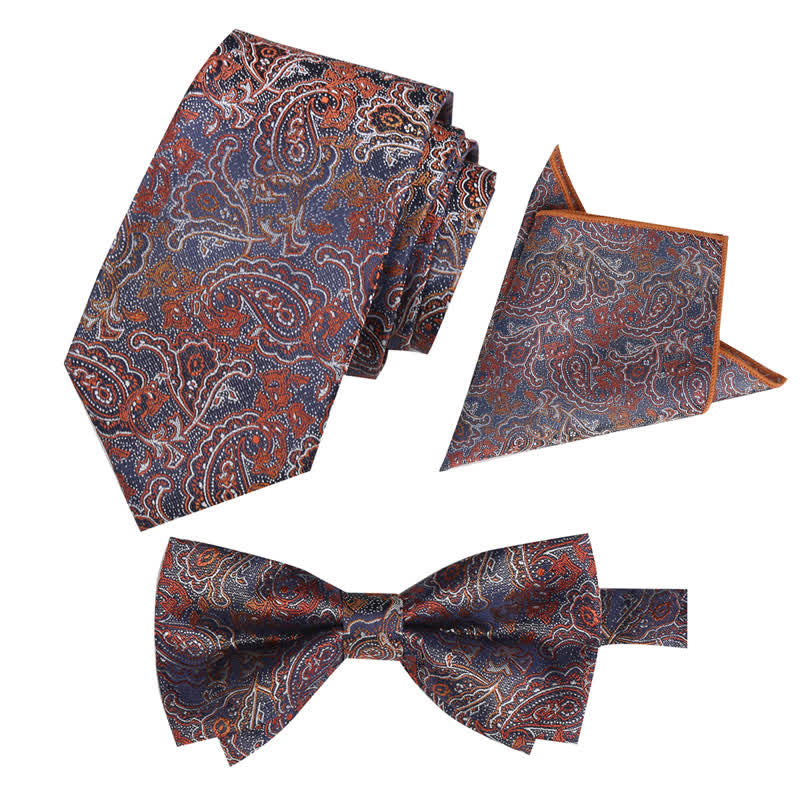 3Pcs Men's Fantasy Paisley Pocket Square Necktie Bow Tie Set