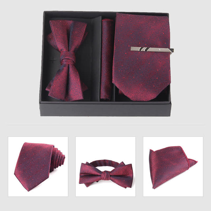 3Pcs Men's Burgundy Series Pocket Square Necktie Bow Tie Set