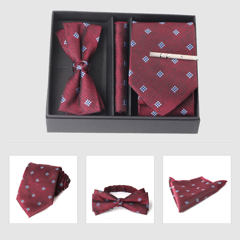 3Pcs Men's Burgundy Series Pocket Square Necktie Bow Tie Set